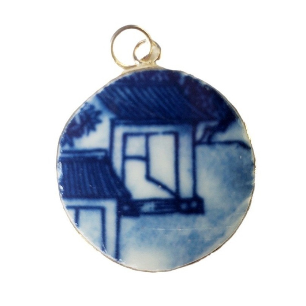 Blue & White Porcelain Pottery Shard Pendant Architecture Scene Silvertone Focal